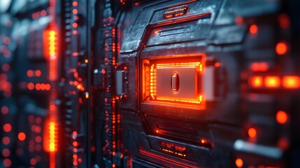 Aufkleber - Close-up view of a futuristic technological interface with glowing red circuits and a central digital display. Digital Futuristic Technology: Glowing Circuits and Digital Interface