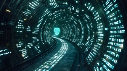 Leinwandbilder - A futuristic tunnel filled with binary code, symbolizing data protection and cybersecurity. A shield is visible at the end, representing safety and security. Digital Cybersecurity: Data Protection