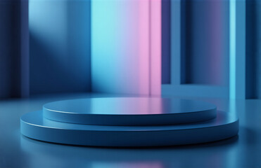 Poster - Abstract blue and pink neon light illuminates a sleek, two-tiered cylindrical podium in a minimalist, modern setting.  The scene is reflective and smooth.