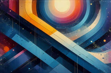 Aufkleber - Abstract geometric artwork with vibrant color gradients and diagonal lines converging towards a circular, sun-like center against a dark backdrop.