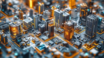 Aufkleber - A digital rendering of a futuristic city built on a circuit board, showcasing vibrant lights and intricate details. Digital Futuristic Cityscape: A Digital Metropolis Illuminated