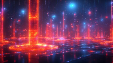 Leinwandbilder - A futuristic cityscape with neon pillars and digital rain, creating a vibrant and dynamic scene. The artwork is full of neon lights. Cyberpunk Cityscape: Neon Pillars and Digital Rain