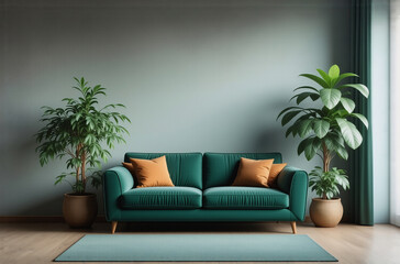 Poster - A teal velvet sofa sits on a teal rug, flanked by potted plants against a muted teal wall.  The room evokes calm and sophistication.