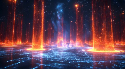 Poster - A digital rendering of a futuristic landscape with glowing energy pillars. The scene is vibrant and surreal. Digital Digital Landscape: Glowing Energy Pillars in a Futuristic Realm