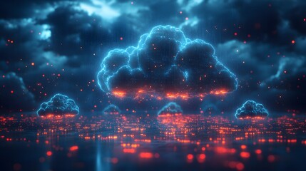 Leinwandbilder - Futuristic digital cloudscape. Data storage and networking concept. Digital CloudScape: A Futuristic Vision of Data Storage and Cyber Threat