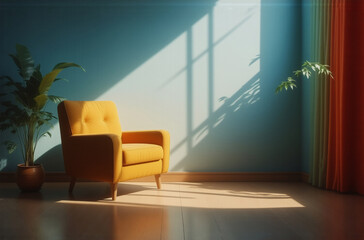 Poster - Sunlit room, teal walls, yellow armchair, potted plants, hardwood floor.  Relaxing, calm atmosphere.