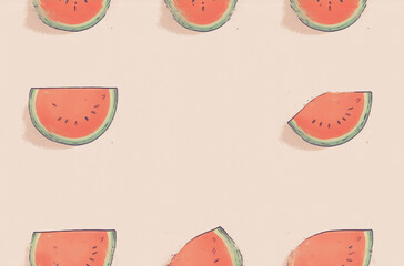 Poster - A pastel pink background features a repeating pattern of watermelon slices, perfect as a summer avatar.  The slices are slightly stylized, creating a whimsical feel.