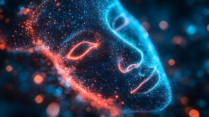 Leinwandbilder - An abstract digital portrait, showcasing a face composed of glowing particles. The image evokes a sense of serenity and futuristic technology. Digital Face: A Glimmering Portrait of AI