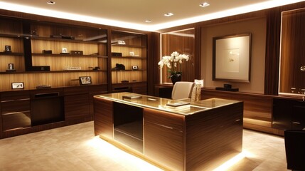 Poster - Modern office with a clean, glass-top desk and organized workspace surrounded by bright lighting