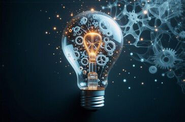 Poster - A glowing lightbulb with gears inside represents innovative mechanical concepts against a dark backdrop with abstract shapes, symbolizing bright ideas.