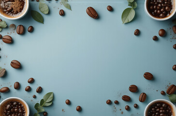 Poster - A flat lay showcasing coffee beans, cups of coffee, and green leaves arranged as a border on a light blue background.  The center is empty, perfect for text or a logo.