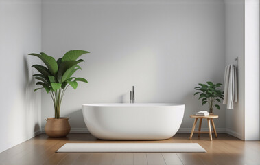 Poster - Modern minimalist bathroom design.  Features a freestanding bathtub, wooden flooring, potted plants, and a simple aesthetic.  Clean lines and a serene atmosphere create a relaxing space.
