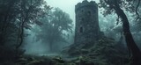 Mystical stone tower enveloped in fog in an ancient forest landscape
