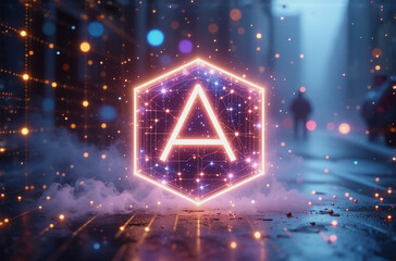 Aufkleber - a vibrant neon letter a within a hexagonal frame illuminates a city street scene with bokeh lights a