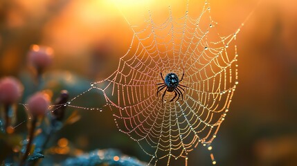 A close-up of the intricate details of a spiderweb glistening with morning dew