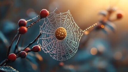 A close-up of the intricate details of a spiderweb glistening with morning dew