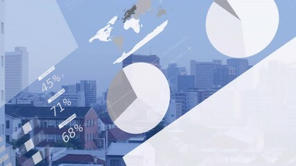 Poster - Office tower being visualized over urban skyline, featuring translucent charts and shape overlays