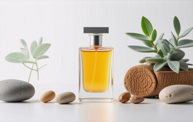 Poster - A rectangular glass perfume bottle with amber liquid sits amidst smooth stones,  succulents, and natural elements, suggesting a spa-like, nature-inspired fragrance.