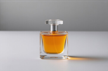 Poster - A square glass perfume bottle with amber liquid sits on a white surface, cast in soft light, showcasing its elegant simplicity and sophisticated design.