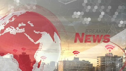 Poster - Stylized red white globe rotating 3D over skyline displaying BREAKING NEWS text with network lines