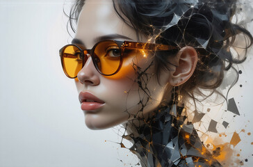 Aufkleber - A stylized portrait of a woman, her face partially merging with geometric, fragmented forms.  Amber-tinted glasses add a futuristic touch.  The overall effect is one of surreal beauty and technologica