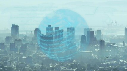 Poster - Modern skyscraper cluster showing digital globe hovering above skyline, with line-graph overlays