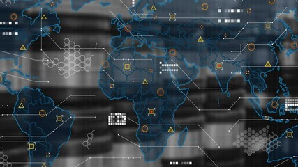 Poster - Global map interface being visualized in cyber dashboard, showing hex grids, colored data nodes