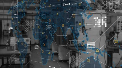 Poster - Digital world map overlay floating above industrial workshop featuring hex grid and data markers