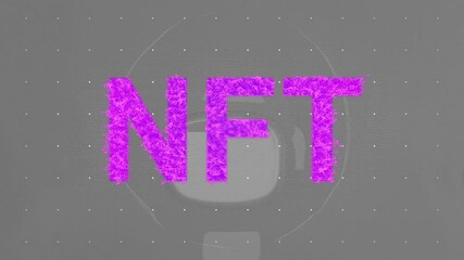 Poster - NFT letters forming from magenta pixels and glitch edges, floating over gray wireframe in 3D render