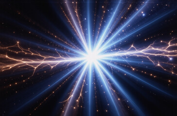 Poster - A radiant burst of light and energy explodes from a central point, branching into streaks of blue and orange across a dark, star-dusted backdrop.  The effect is cosmic and dynamic.
