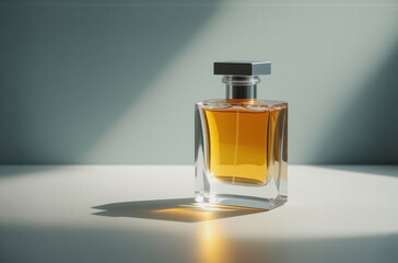 Fototapete - A luxurious amber perfume bottle sits on a minimalist surface, bathed in soft sunlight, casting a warm glow.  The elegant glass bottle reflects light beautifully.