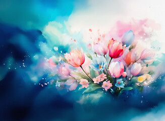 Poster - An ethereal watercolor painting featuring delicate flowers in shades of pink, blue, and white against a soft, blurry background with hints of light and color.