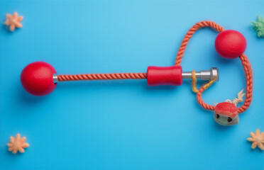 Poster - a whimsical, abstract construction with a red sphere and loop on a blue surface with other color ele