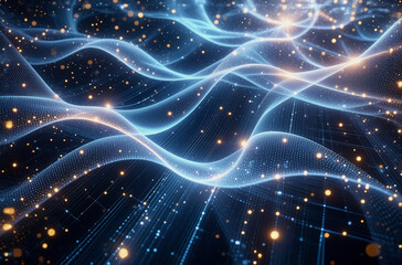 Poster - abstract digital image with flowing blue lines and glowing orange particles on a dark backdrop. sugg