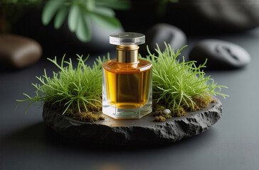 Poster - A golden amber perfume rests on a dark stone, nestled in vibrant green moss.  The serene scene evokes feelings of tranquility and natural beauty.