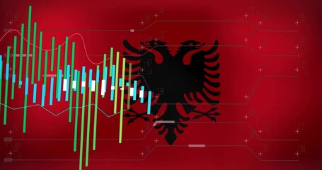 Poster - Double-headed eagle icon showcasing multicolor bar charts candlesticks floating across data scene