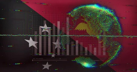 Poster - Abstract pixelated globe floating over glitch-art bar chart with floating stars and artifact line