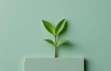 Aufkleber - a small green plant, with vibrant leaves, sits atop a light green platform against a matching solid 