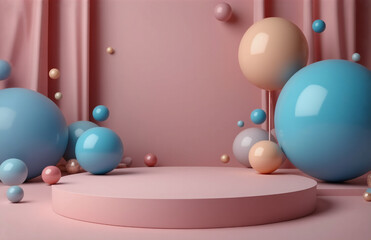 Poster - Pink podium stage with pastel spheres floating against draped fabric backdrop. Soft, dreamy scene for product display or presentation.