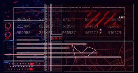 Poster - Futuristic UI displaying scrolling code blocks, pulsing gauges, moving ticker bars, navigating map
