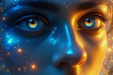 Poster - Close-up of a woman's face adorned with luminous blue and orange cosmic dust, her eyes glowing with an ethereal light.  The image evokes a sense of wonder and otherworldly beauty.