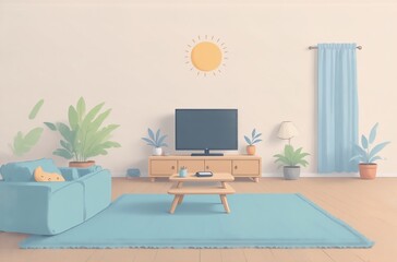 Poster - Serene living room scene, minimalist style, light blue and beige palette, features a comfy sofa, potted plants, and a flat-screen TV.  A sun illustration adds warmth.  Perfect avatar background.