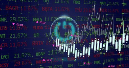 Poster - White candlestick bars scrolling beside line graphs, green red tickers and magenta markers