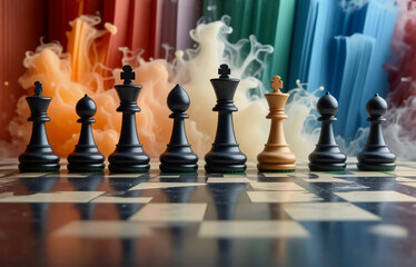 Poster - Chess pieces arranged on a board before a colorful smoke backdrop.  A dramatic, artistic image highlighting strategy and contrast.
