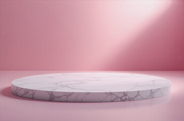 Poster - A round marble pedestal sits on a soft pink background.  A single light source illuminates the scene.