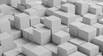 Poster - Abstract 3D Rendering of a Cityscape Made of White Cubes Geometric Shapes Digital Art Background