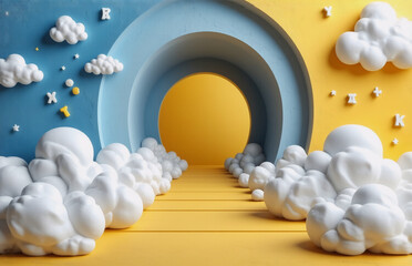 Aufkleber - a whimsical arched doorway, rendered in blue and yellow, is surrounded by fluffy white clouds, stars