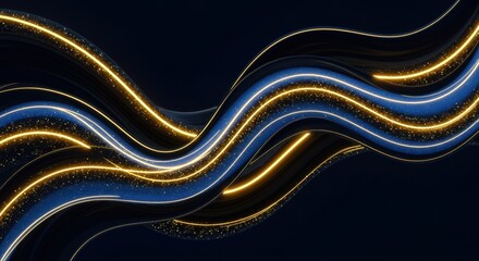 Poster - Abstract Gold and Blue Waves: Dynamic 3D Render of Flowing, Glittering Lines