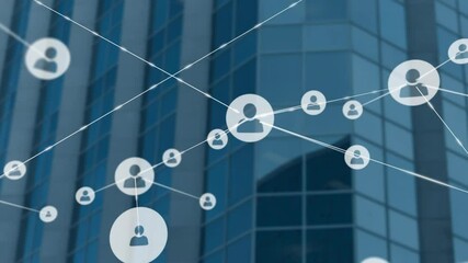 Poster - Network overlay spreading over glass façade, showing glowing avatar nodes linking interfaces