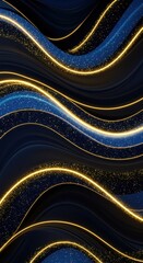 Poster - Abstract Golden and Blue Waves with Glittering Particles Background Design